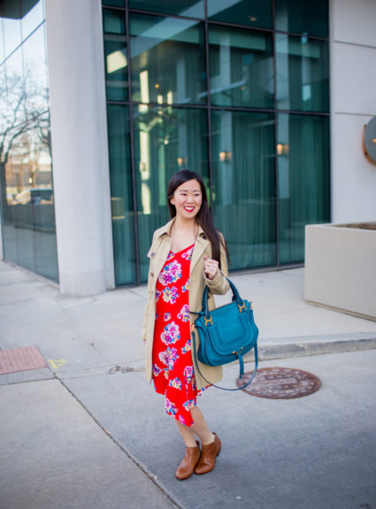 Outfit of the Day 3.13.17 – Red Floral Dress & Classic Trench Coat
