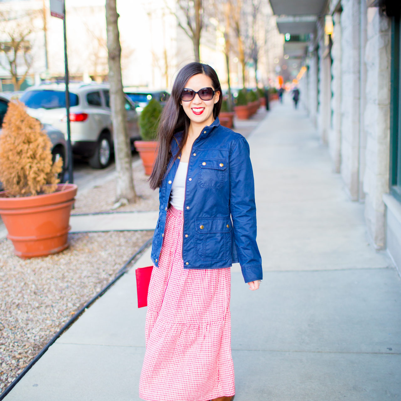 Red Gingham Skirt and Navy Field Jacket