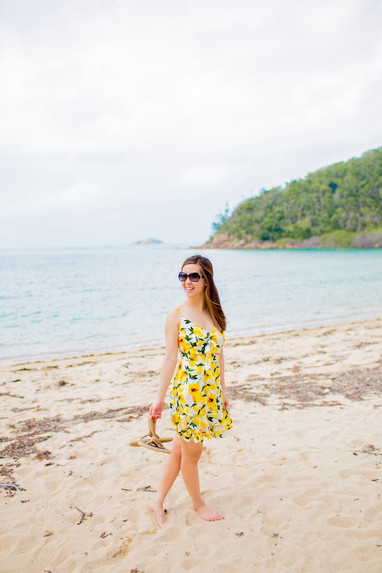 lemon print cut out dress whitsundays beach