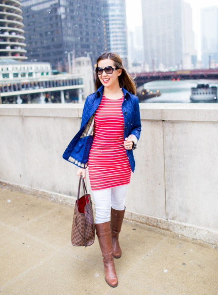 Red Striped Dress and Quilted Jacket