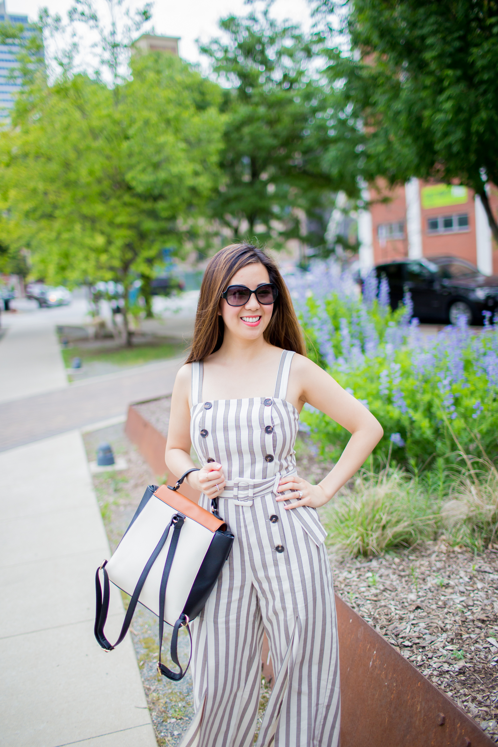 button down striped jumpsuit tia perciballi chicago fashion and lifestyle blog