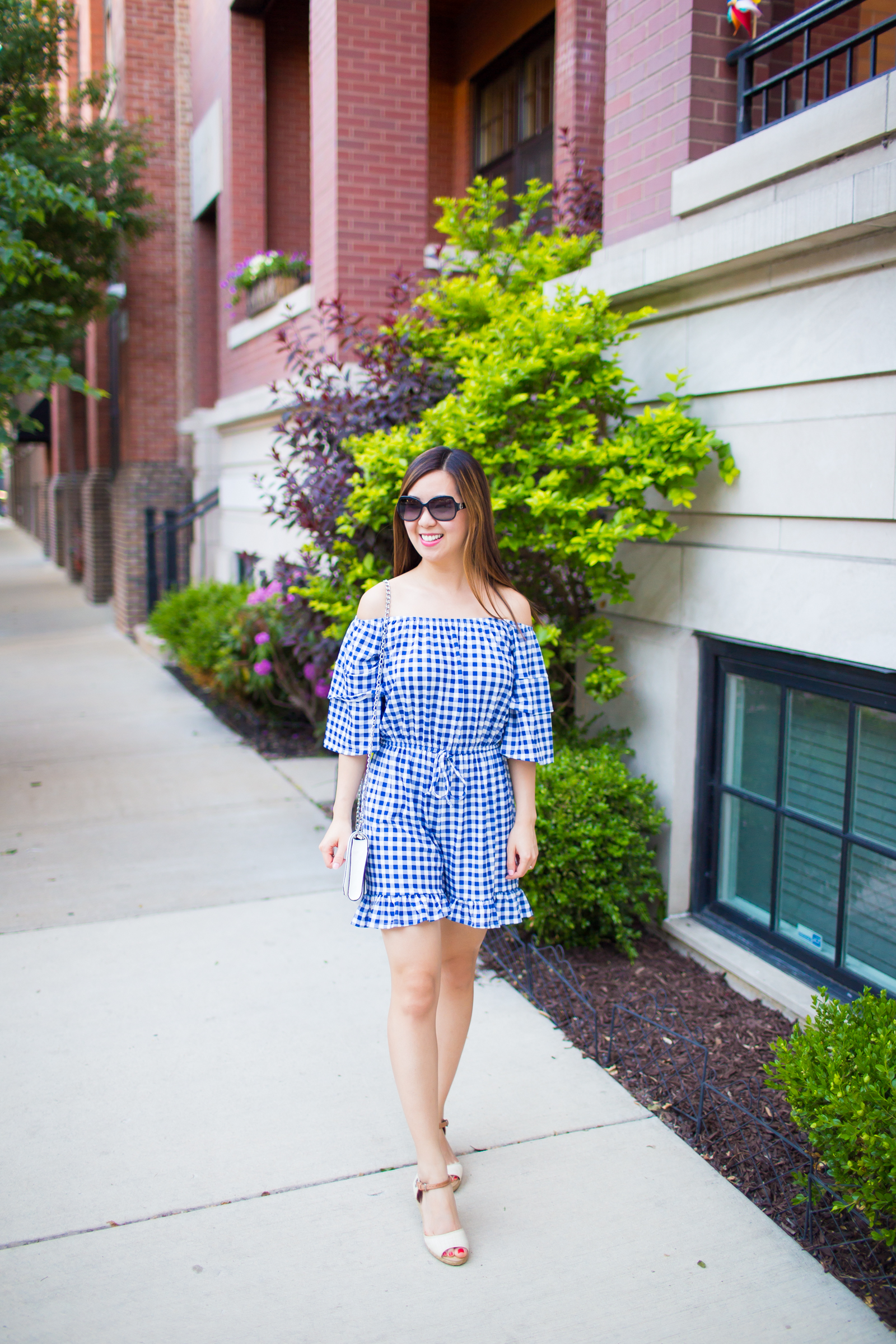 how to wear gingham this spring and summer, tia perciballi fashion blog, off the shoulder blue gingham romper