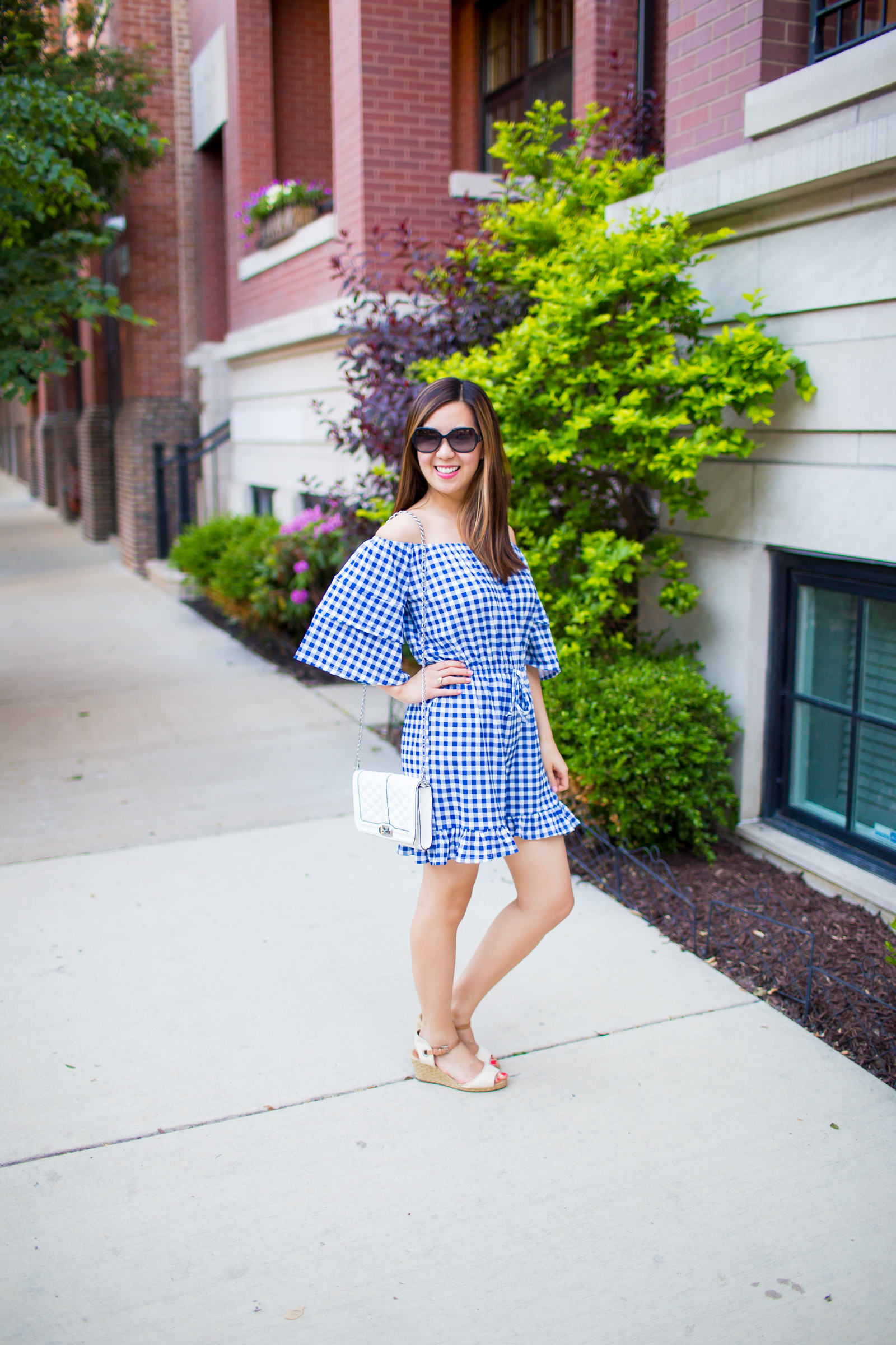 how to wear gingham this spring and summer, tia perciballi fashion blog, off the shoulder blue gingham romper