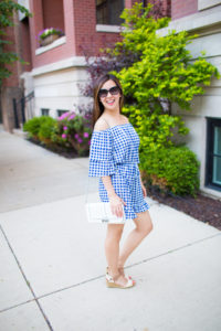 how to wear gingham this spring and summer, tia perciballi fashion blog, off the shoulder blue gingham romper