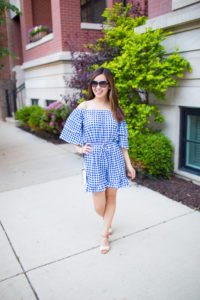 how to wear gingham this spring and summer, tia perciballi fashion blog, off the shoulder blue gingham romper