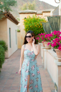 sage and coral floral romper midi dress royal palms resort and spa scottsdale phoenix arizona tia perciballi fashion blog