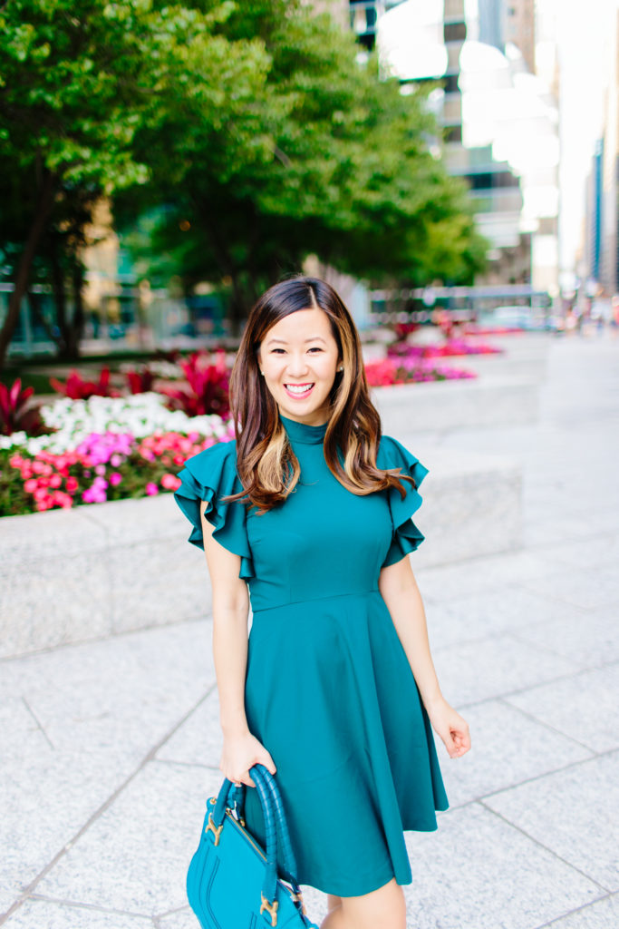 Chelsea28 Teal Crepe Fit and Flare Ruffle Sleeve Dress, Never Have I Ever - Beauty Edition, Tia Perciballi Fashion & Lifestyle Blog