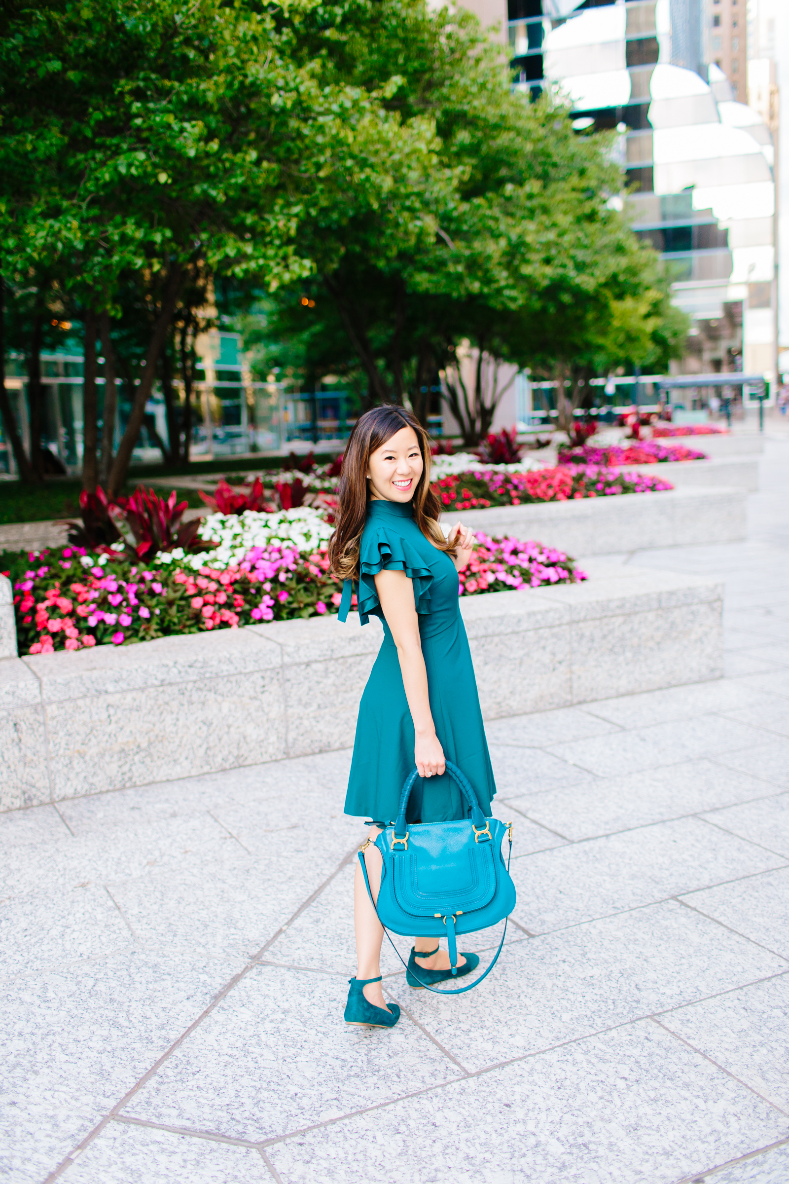Chelsea28 Teal Crepe Fit and Flare Ruffle Sleeve Dress, Never Have I Ever - Beauty Edition, Tia Perciballi Fashion & Lifestyle Blog