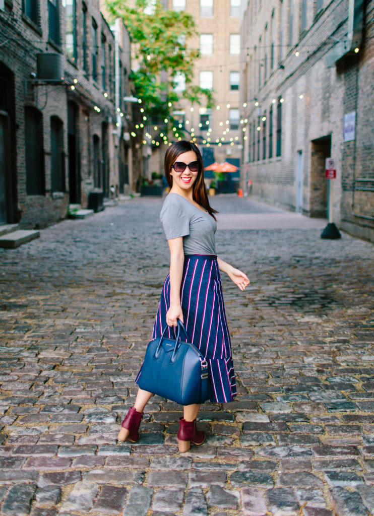 French Connection Celoa Navy Striped Wrap Skirt, Tia Perciballi Fashion and Lifestyle Blog