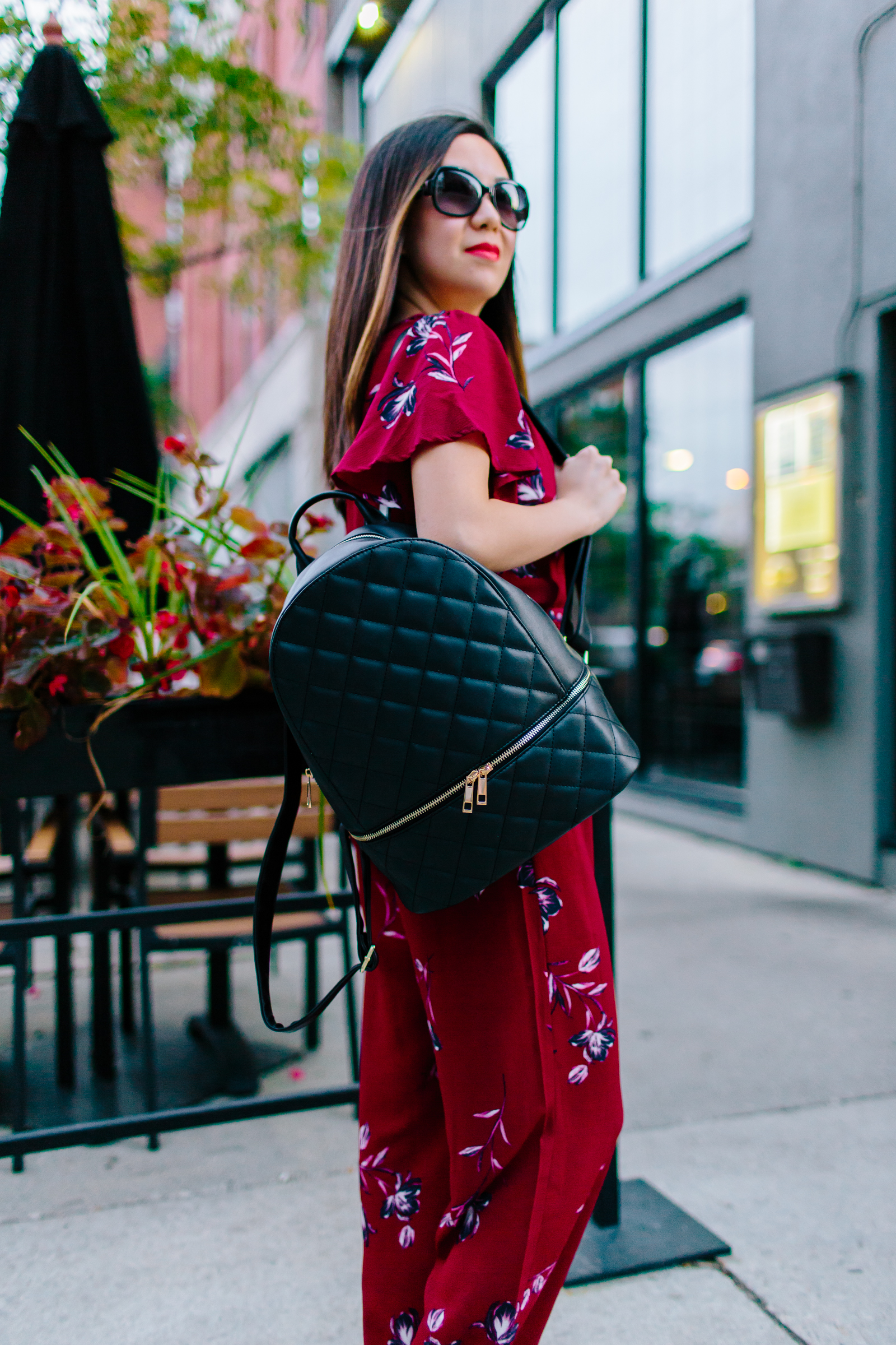 Burgundy Red Jumpsuit and Quilted Black Backpack, Tia Perciballi Fashion and Lifestyle Blog