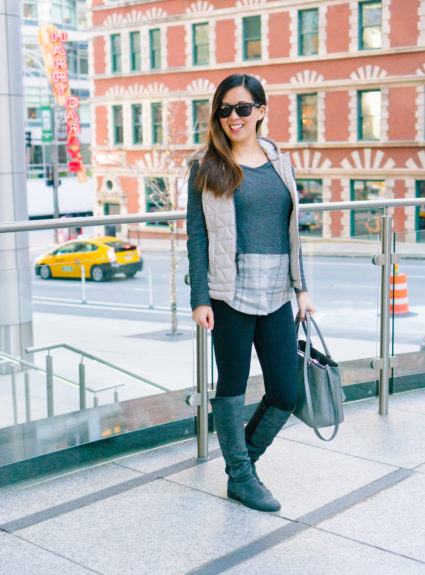 Sweater with Plaid Details + Quilted Vest