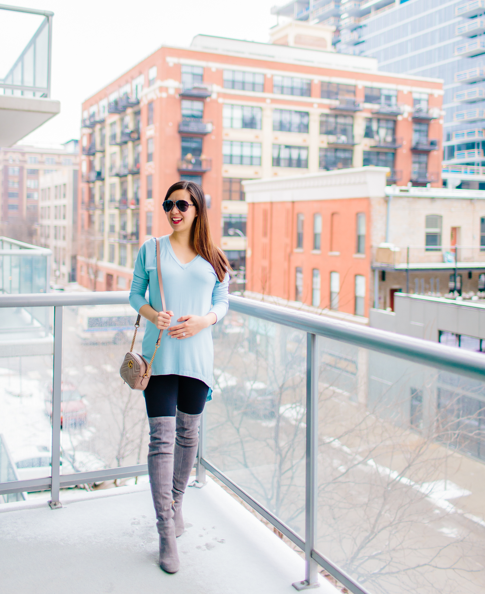 Light Blue Tunic, Over the Knee Boots, and Gucci Marmont Matelasse Shoulder Bag, Tia Perciballi Fashion & Lifestyle Blog