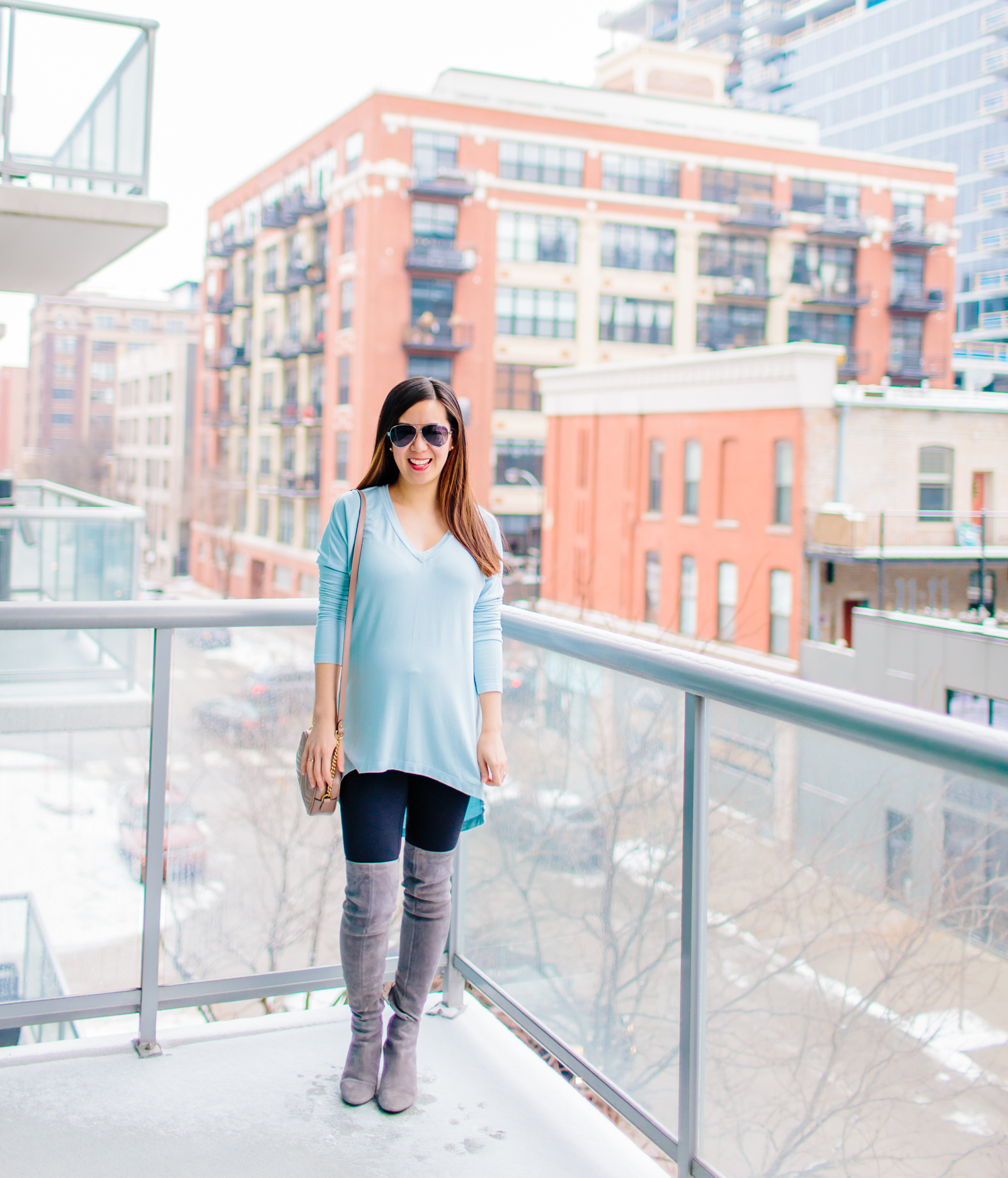 Light Blue Tunic, Over the Knee Boots, and Gucci Marmont Matelasse Shoulder Bag, Tia Perciballi Fashion & Lifestyle Blog