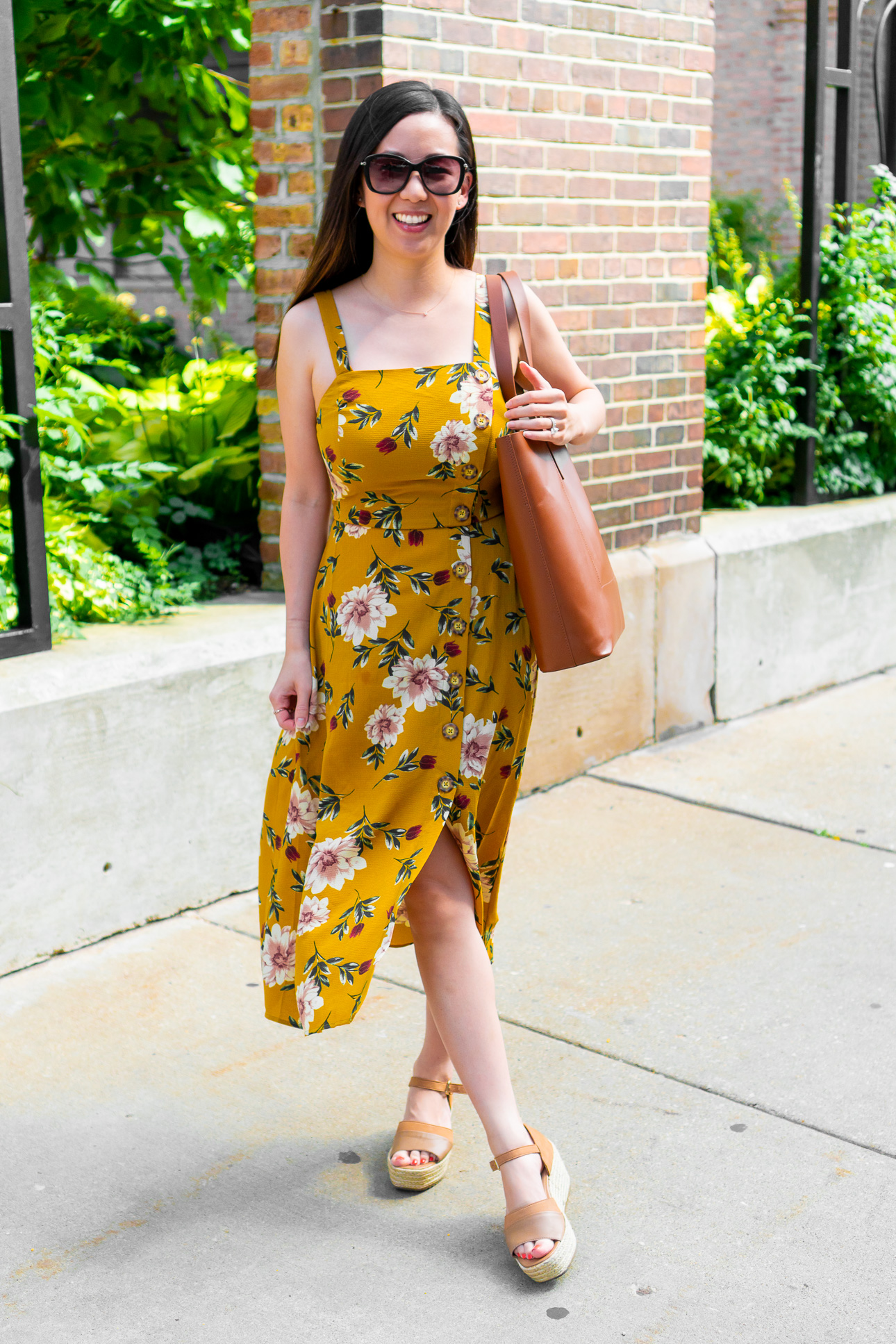 Mustard Yellow Floral Printed Dress and Everlane Day Tote Tia Perciballi Fashion & Lifestyle Blog